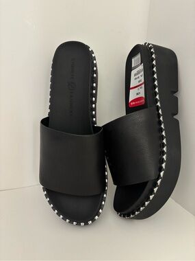 Chinese Laundry Black Slide Sandals with Silver Stud Trim